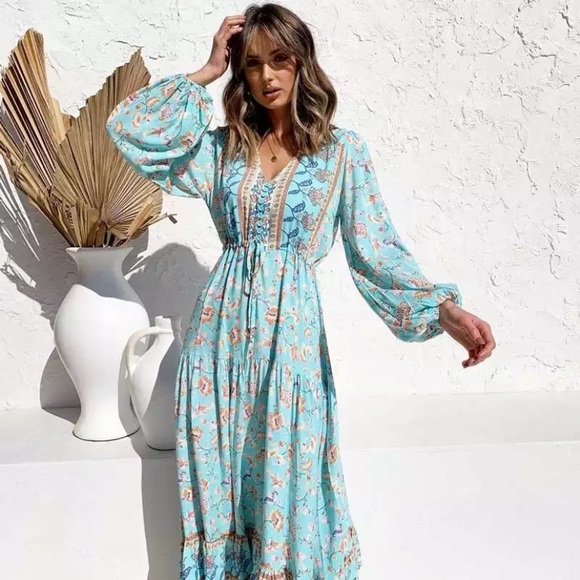 SOLD OUT Bohemian Floral Light Blue Long Sleeve Dress - Picture 2 of 13
